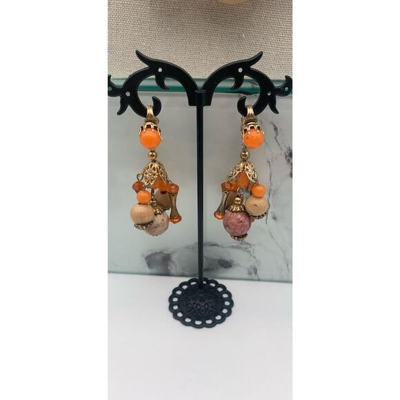 Vintage ART Arthur Pepper Tangerine & Cork Double Strand Necklace & Clip Ons Set - Picture 3 of 6